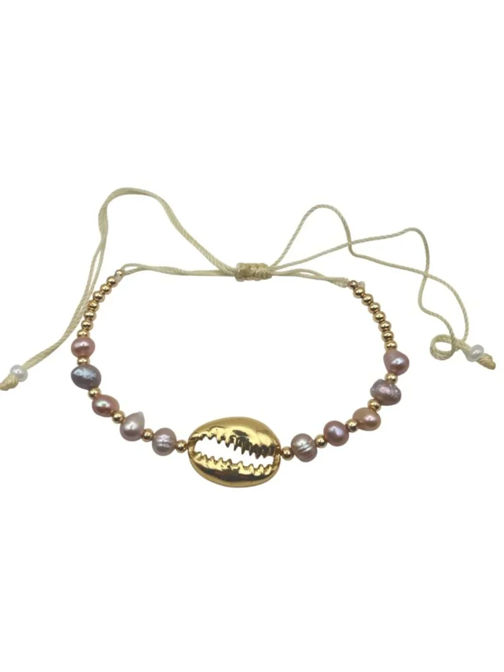 Set 3 Adjustable Bracelets Freshwater Pearls Gold Tone Pastel Pink Cowrie Heart - Picture 12 of 14